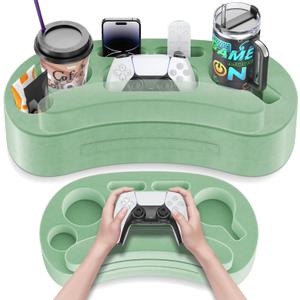 Couch Cup Holder Pillow Tray with 6 Slots, Gaming Pillow Couch Cupholder Tray with Armrest Cushion, Couch Caddy & Buddy, Drink, Snack, Controller, Remote, Phone, Green