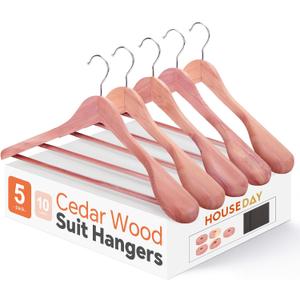 HOUSE DAY Wide Shoulder Cedar Hangers for Suits and Coats with Non Slip Pant Bar,360 Swivel Hook, Smooth Finish Cedar Wood Hangers for Closet, Closet Essentials, 5 Pack