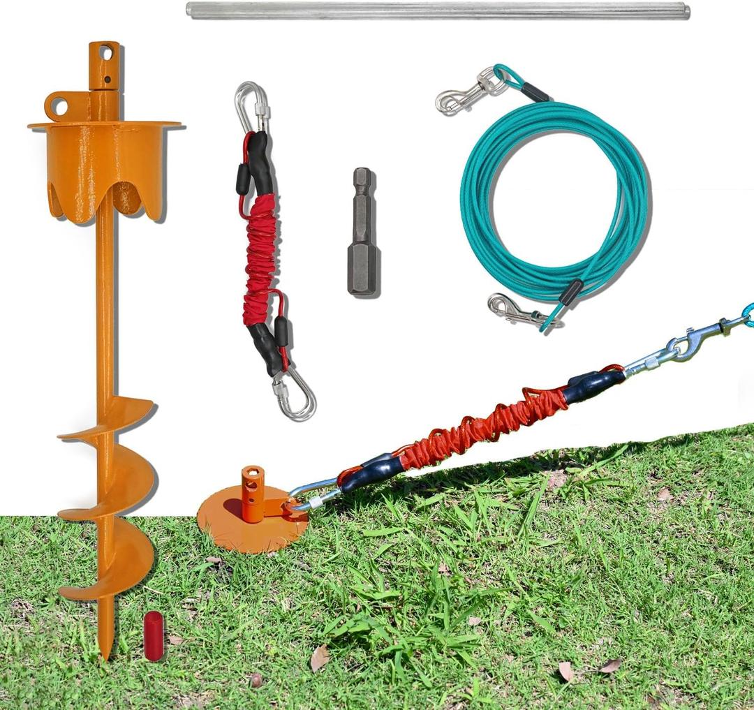 Dog Stakes for Outside Heavy Duty Hold up to 350Lbs Large Dogs Tie Out Tether Leash Chain for Yard Screw in Ground Anchors 17inch with Buffer Rope, 25 FT Steel Cable (Orange)
