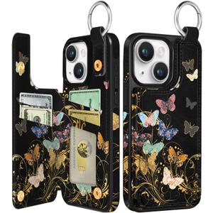 Compatible with iPhone 12 Wallet Case with Card Holder  Designer Golden Butterfly Pattern Kickstand Magnetic Clasp Back Flip Folio Leather Phone Covers for Women Men Girls