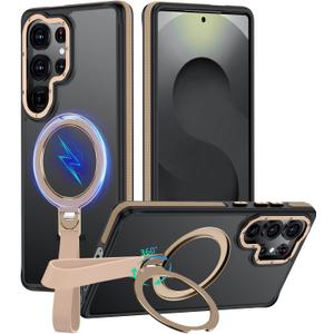 360Spin Magnetic Stand with Silicone Strap for Samsung Galaxy S25 Ultra Case[Fit for MagSafe], Mil-Grade Shockproof Translucent S25 Ultra Phone Case with Kickstand Rotatable (Desert Gold)