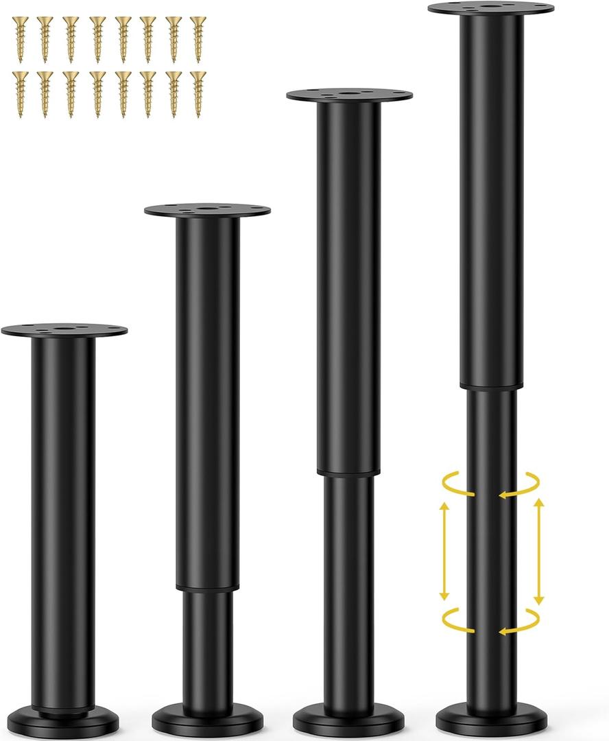 4 Pcs Adjustable Bed Center Support Legs 10-17 inch for Bed Frame/Bed Center Slat, Metal Adjustable Furniture Legs for Bed/Cabinet/Sofa/Dresser/Couch/Table,Heavy Duty Bed Replacement Legs (Black)