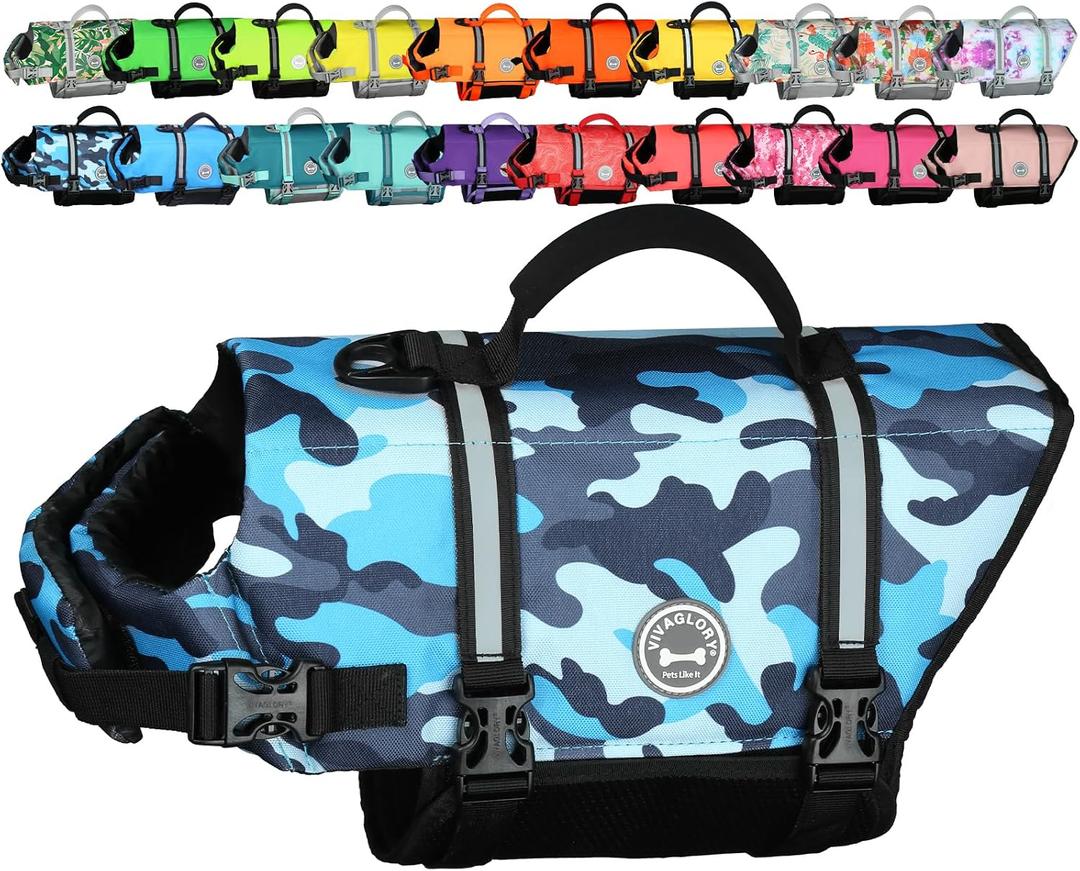 VIVAGLORY Dog Life Vest Rip Stop Dog Swim Vest, L, Camo Blue | High Visibility Ripstop for Puppy Cat Doggy, Life Jacket with Handle & Leash Ring for Boating & Swimming, L