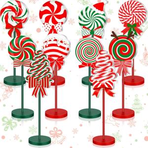 Geelin 10 Pcs Candy Cane Shape Christmas Decorations Wooden Candys Table Centerpiece Sign Decor Xmas Red and Green Tiered Tray for Home Desk Office Party Supplies Decor (Christmas Candy)