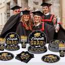 140PCS Graduation Party Supplies Congrats Grad Plates and Napkins Graduation Party Decorations Black Gold Disposable Tableware Set Congrats Grad Party Paper Plates, Serve 20 Guest