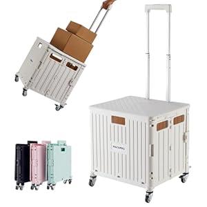 Folding Utility Cart Portable Rolling Crate Handcart Shopping Trolley Collapsible Tool Box, with Lid, Basket on 4 Rotate Wheels, for Grocery, Office, Luggage, Teacher (White)