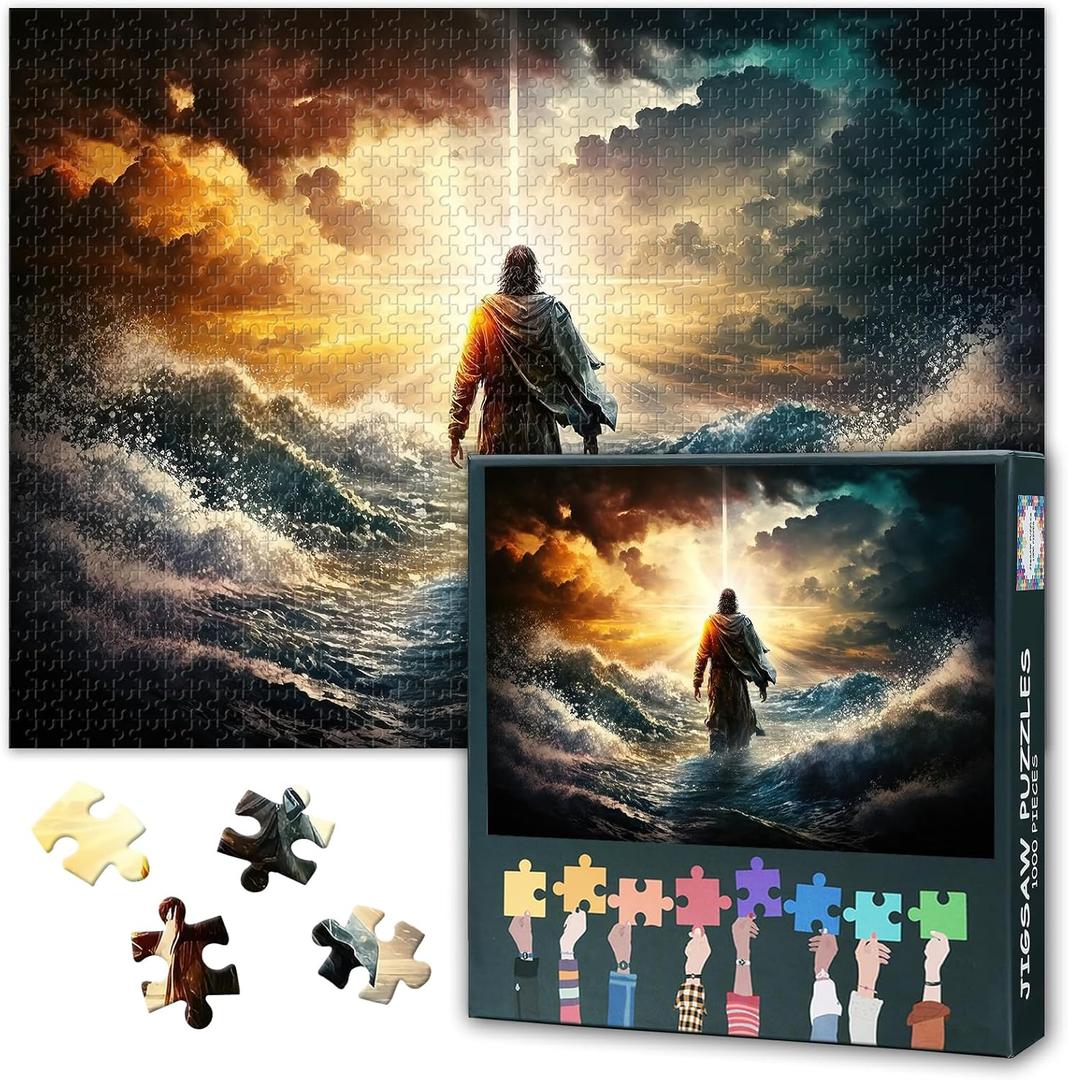 Jesus Puzzles for Adults 1000 Pieces, Figure of Jesus Walks on Water on Beautiful Sunset, Impossible 1000 Piece Jigsaw Puzzles for Home Wall Decor, 19.5 x 27.5 Inch