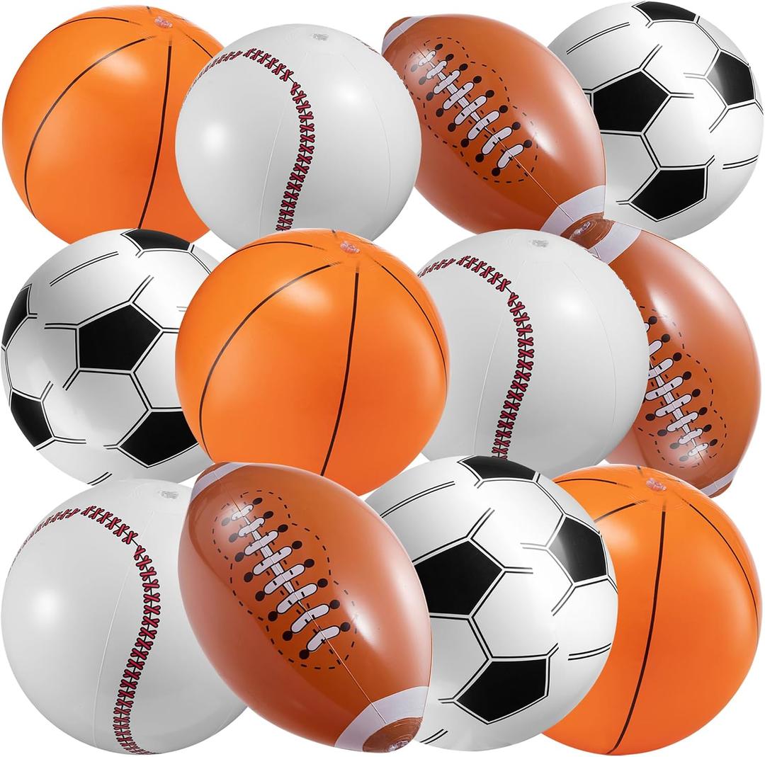 16" Inflatable Sports Beach Balls Variety Pack (12 Pcs) - 3 of Each - Basketball, Baseball, Football, Soccer Beach Balls for Sports - Themed Parties, Pool Toys, Birthday Decorations, and Party Favors