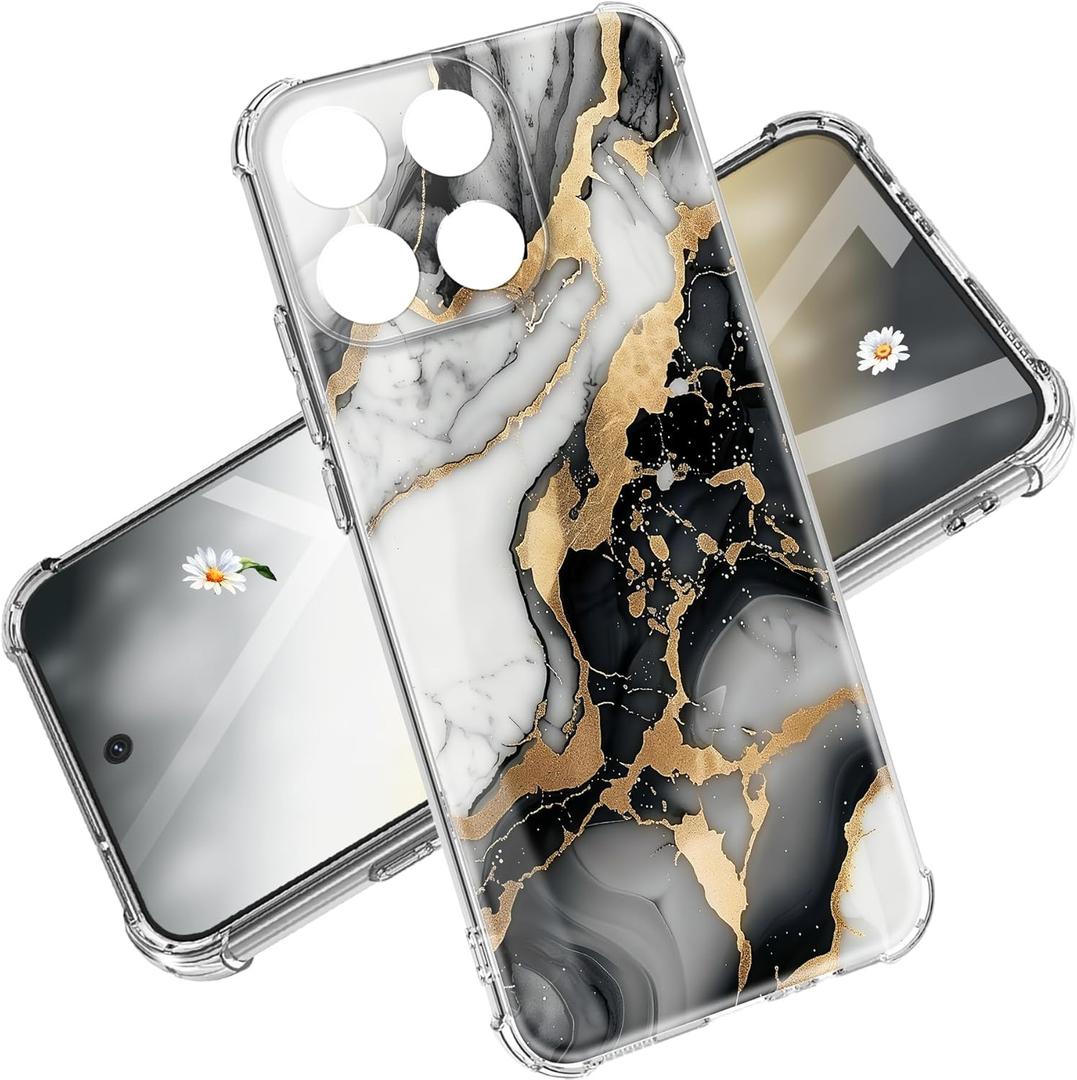 for Motorola Moto G 2026 Case 5G G Play 2025 Marble and Flowers Slim Anti-Drop Shockproof Protective Soft Shockproof Clear Phone Protective Covers 6.7 Inch (Black White Gold)