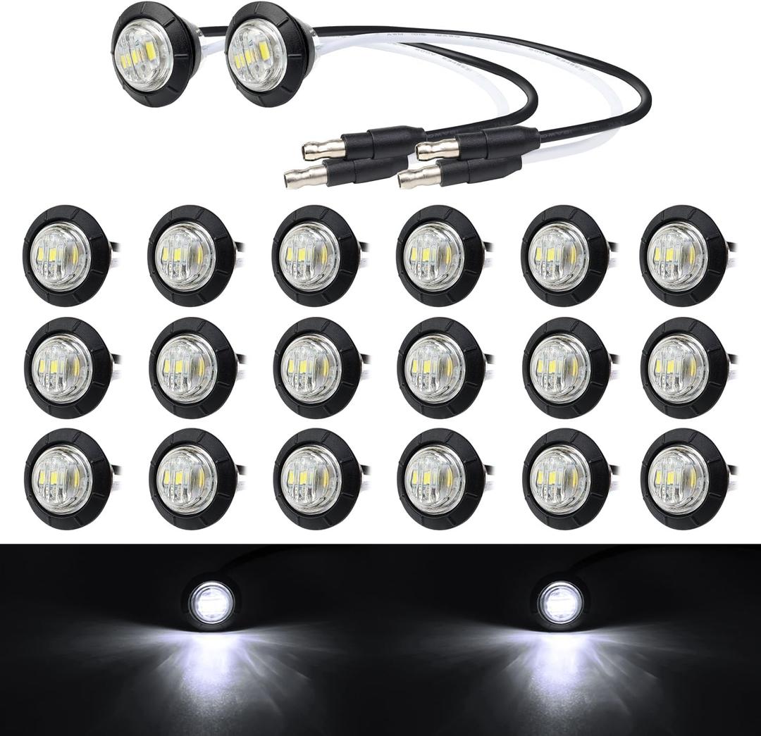 TMH 3/4 Inch Mini White Light 3 LED with Connector Plug Clearance Markers Side Marker Indicator Lights Mini Round Front Rear with Grommet for Truck Trailer Lorry Bus 12V DC (Pack of 20)