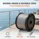 RECTOO 100FT 1/8" T316 Stainless Steel Cable with Cutter, 7x7 Strands Aircraft Wire Rope for Deck Railing, Stair Handrail, Porch Fence, High Strength for Indoor and Outdoor Use
