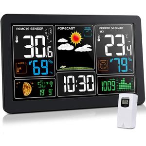 Kalawen Home Weather Stations Wireless Indoor Outdoor Thermometer, Portable Digital Weather Clock Atomic, Bluetooth Color Forecast Station Estacion Meteorologica Weather Monitor with Alarm (Black01)