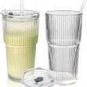 20 Oz Matcha Cup With Straw, Glass Cups With Lids And Straws Set Of 2 Iced Coffee Cups With Lids For Iced Latte Coffee Smoothie, Glasses Go to Cups