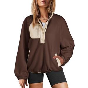 Dokotoo Winter Clothing for Women Chocolate Brown Fall Clothes Color Block Sweatshirt Button V Neck Long Sleeve Thanksgiving Outfit Fuzzy Fleece Oversized Sherpa Cute Sweatshirts Tops Coats Medium. Size M