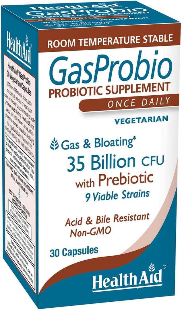HealthAid GasProbio Digestive Support Probiotic 35 Billion CFU, 9 Strains + Prebiotic Helps Support Digestive Comfort & Reduce Occasional Bloating  Acid & Bile Resistant, Vegetarian 30 Capsules*