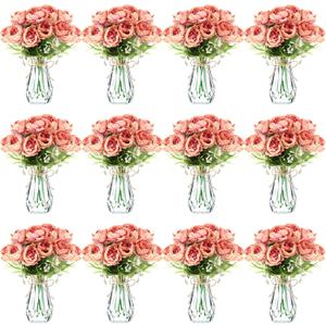 Zeyune 37 Pack Artificial Peonies Flowers with Bud Vase Bulk 24 Bundles Silk Peonies Bouquets 12 Plastic Clear Vase with 1 Rope Fake Flowers for Table Centerpiece Vases(Coffee,Perfume)