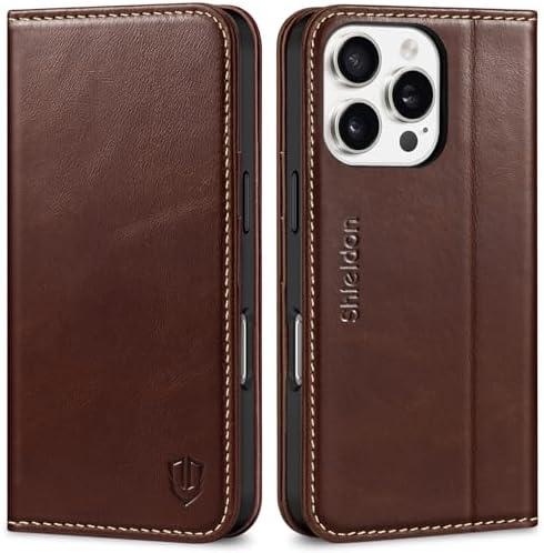 SHIELDON Case for iPhone 16 Pro 5G 2024, Genuine Leather Flip Wallet Magnetic Closure Cover Kickstand RFID Blocking Credit Card Holder Protective Case Compatible with iPhone 16 Pro 6.3" - Retro Coffee
