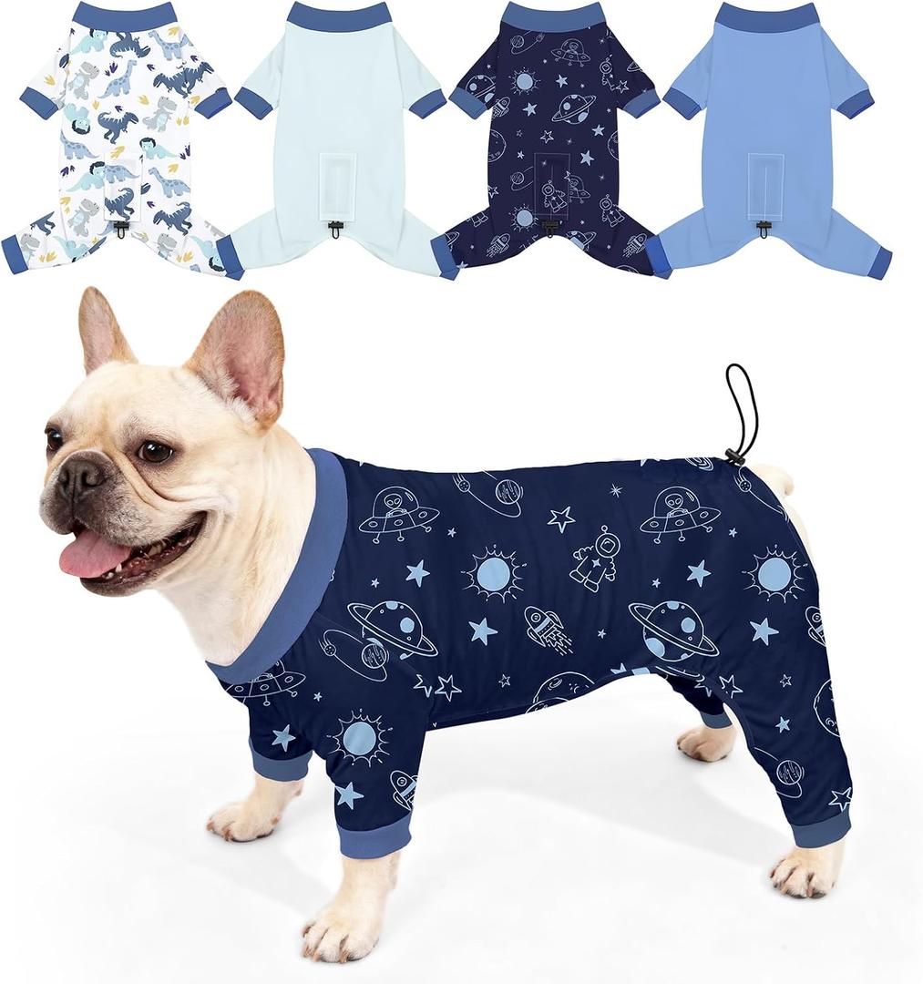Bienbee Dog Pajamas, 4 Pack Dog Recovery Suit Shedding Suit Cute Soft Puppy Clothes Dogs Pjs Onesies Jammies Adjustable Breathable & Stretchy Clothes for Small Medium Large Dogs Girl Boy Puppy-L