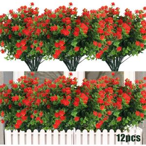 RECUTMS 12 Bundles Artificial Fake Flowers, Faux Outdoor Plastic Plants UV Resistant Shrubs Outside Indoor Decorations,UV Resistant Faux Plastic Plants Garden Porch Window Box (Orange Red)