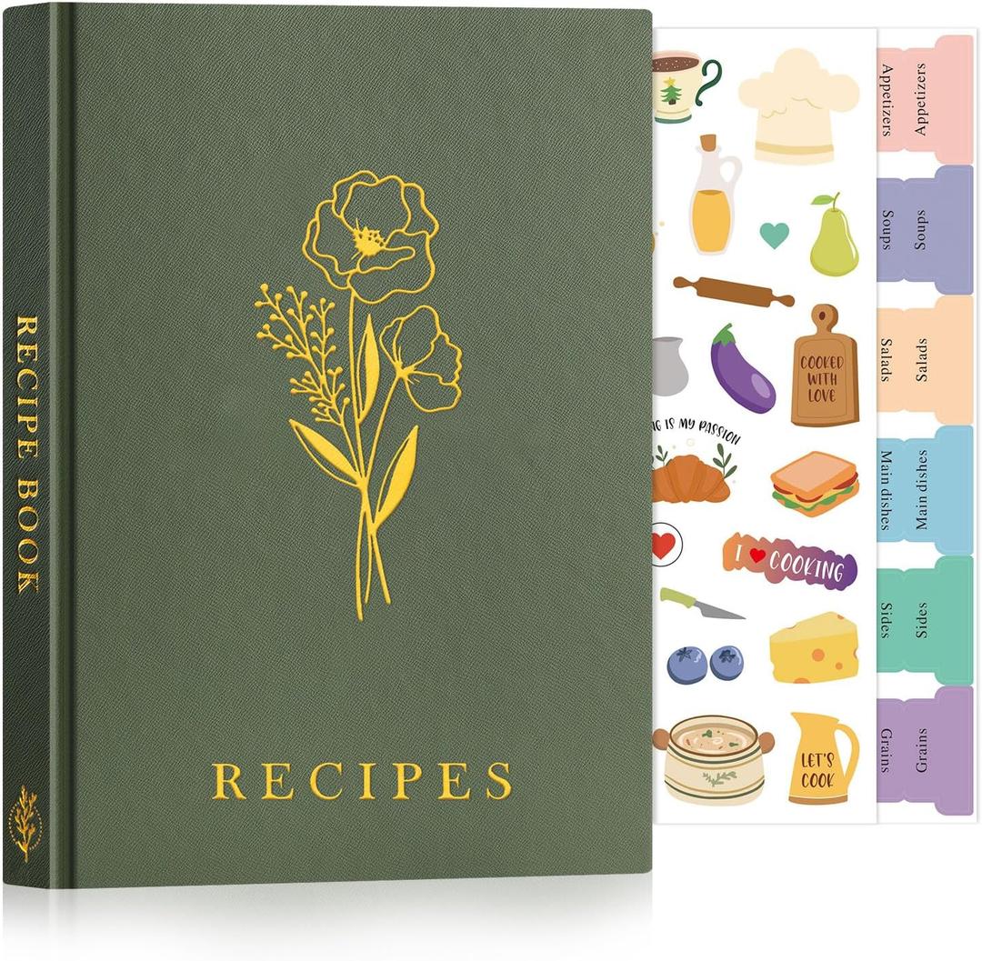 Lanpn Blank Recipe Book Cookbook to Write in Your Own Recipes, A5 Leather Cover Waterproof Empty Cooking Journal for 70 Recipes, Recipe Notebook with Stickers to Organize Your Family Recipes, Green (Medium (5.9 x 8.7 inch))
