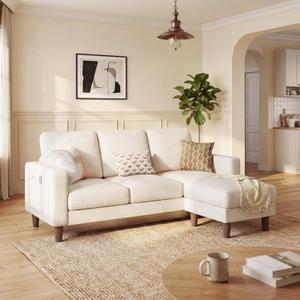 Homall 3 Seat Couch L Shape Sofa with Side Storage Pockage, Sectional Couches with Reversible Ottoma, Upholstered Sofa for Living Room and Small Spaces (Linen Fabric, Cream)