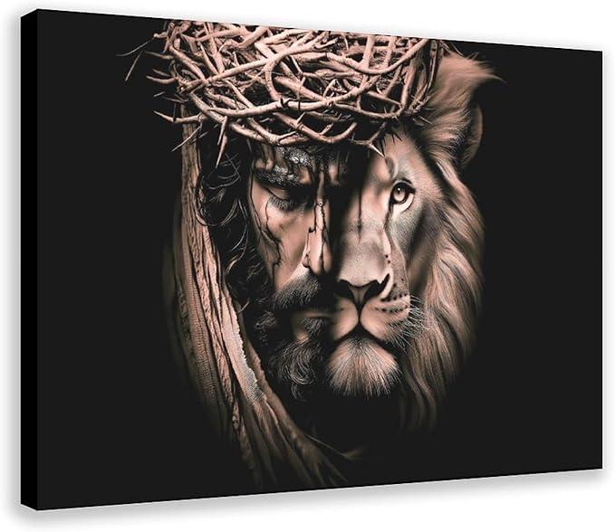 Jesus And The Lion of Judah Vintage Abstract Canvas Wall Art - Aesthetic Decorative Poster Prints for Modern Living Rooms Bedrooms And Bars 18x12inch(45x30cm) Frame-style