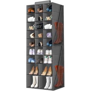 Hanging Shoe Organizer for Closet, Closet Hanging Shoe Storage Rack Holder Shelves,Collapsible Shoe Closet Organizers and Storage with 4 Large Side Pockets,25 Sections for Shoes,Hats,Clothes(Gray)