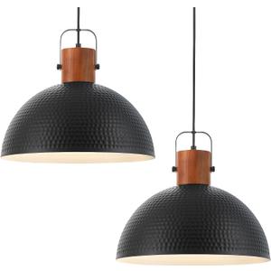 ELYONA 2 Pack Large Ash Wood Hammered Pendant Light Fixtures 16 Inch Metal Dome Ceiling Hanging Lamp, Industrial Kitchen Island Pendant Lighting for Farmhouse, Dining Room,Living Room, Black