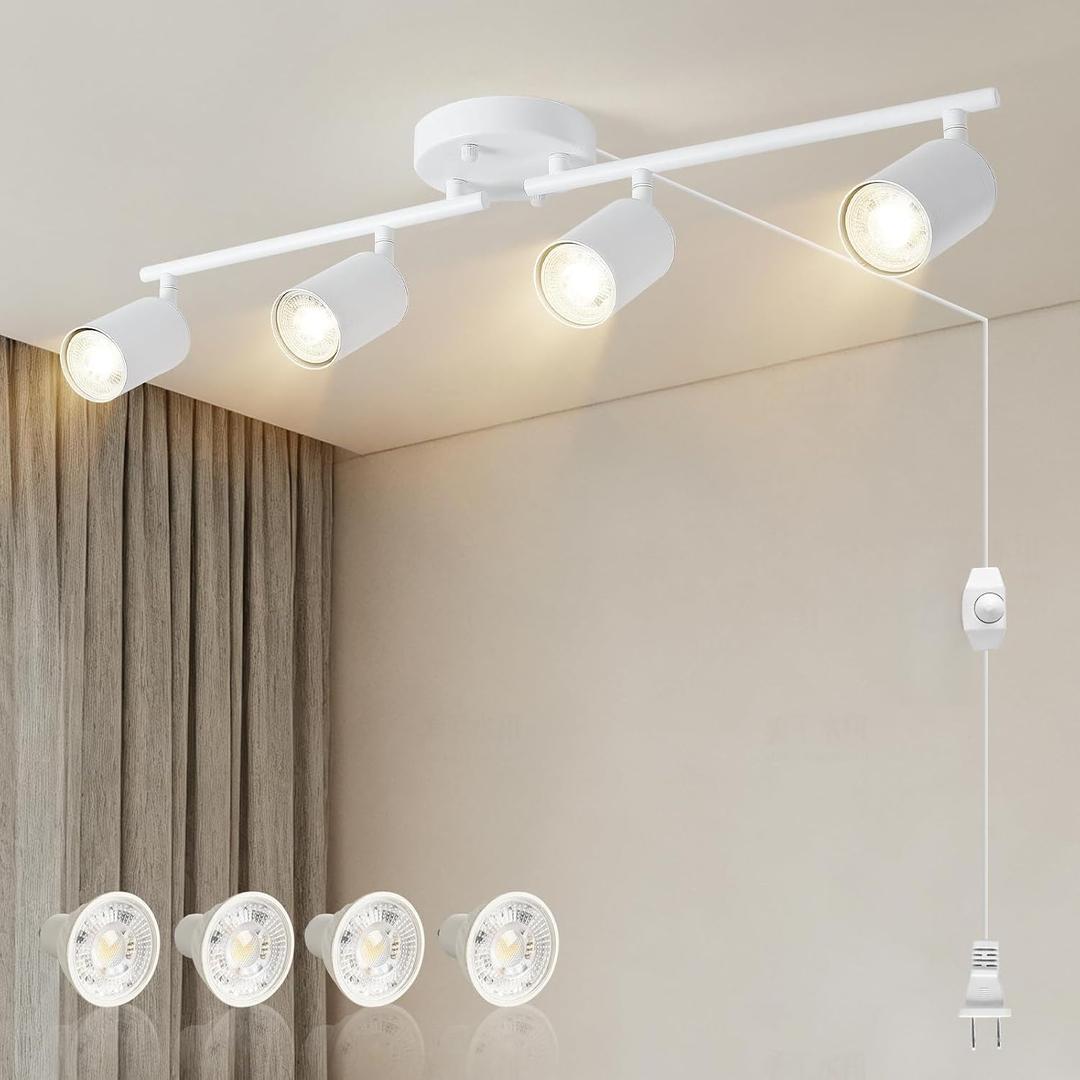 Dimmable Plug in Track Lighting (Bulbs Included), 4-Lights Matte White Finish, Adjustable Heads, 20ft Long Cord with in-Line Dimmer Switch, Rotatable Ceiing Spotlight for Bedroom Living Dining Room