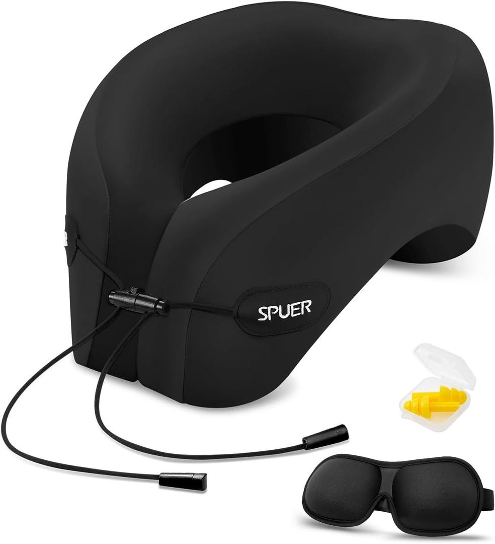 Ergonomic Memory Foam Travel Neck Pillow with Eye Mask & Earplugs  Comfortable Support for Flights, Cars, and Office Naps (Black)