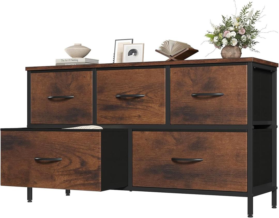 OLIXIS 5 Drawer Dresser for Bedroom, Closet Chest Organizer Furniture, TV Stand for Living Room Hallway, Wide Fabric Storage Tower with Wooden Top and Metal Frame, Brown