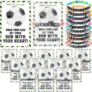 Zeyune 20 Set Soccer Bracelets Soccer Team Gifts Bulk Party Favors Stackable Clay Bead Adjustable Gifts Bracelets Inspirational Sports Cards for Team Players Adults Sports Party Favors