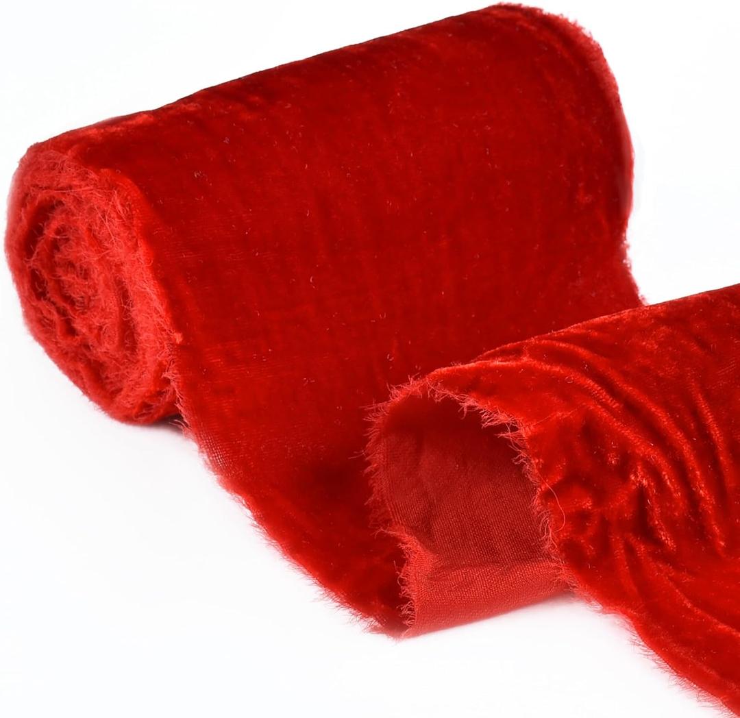 6 Inch Red Velvet Silk Frayed Wide Ribbon - Frayed Edge Velvet Ribbon for Christmas Decorations, Tree Toppers, Bows, Wreaths, Flower Bouquets, Dress Sashes, Wedding (5 Yards) (6 inch, red)