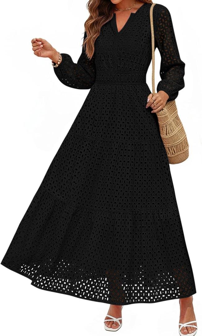 PRETTYGARDEN Women's Long Sleeve Maxi Dress V Neck Hollow Out Eyelet A Line Long Flowy 2026 Spring Wedding Guest Dresses (Black, Small)