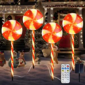 Candy Christmas Decorations Pathway Outdoor Solar, 29 inches 80 LED Lighted Lollipop with 8 Modes Waterproof String, for Yard Patio Walkway-4pcs (Red)
