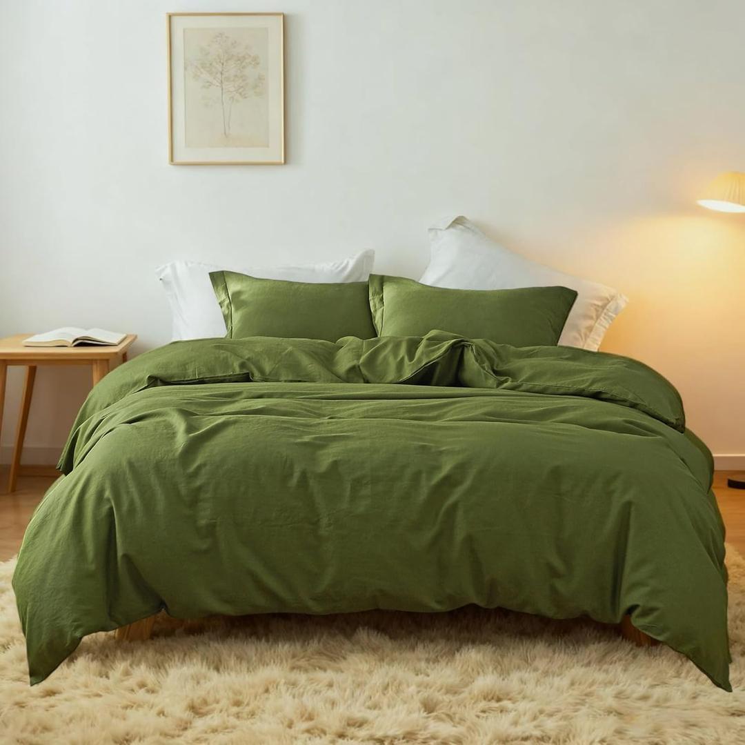 Simple&Opulence French Linen Duvet Cover Set 104"x 92"- 3 Pieces (1 Comforter Cover,2 Pillowcases)-Natural Flax Cotton Blend-Solid Color Breathable Farmhouse Bedding-Forest Green, King