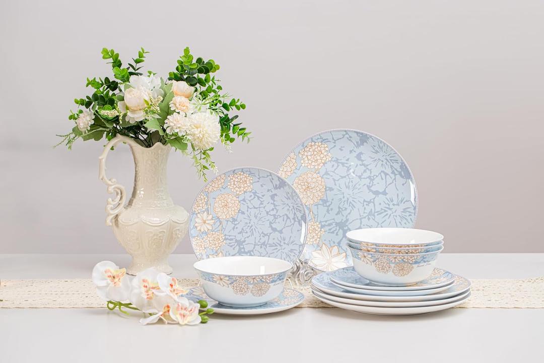 FHGNYSM High Bone China Dinnerware Set, 12-Piece Artistic Blue Plates and Bowls, Lightweight & Chip Resistant Ceramic Service for 4, Dishwasher Safe Elegant Kitchen Dining