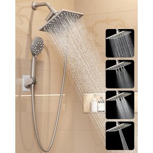Veken High Pressure Rain Shower Head with Multi-Functions, Square Rainfall Shower Heads with 5-Mode Handheld Spray Combo, Detachable Hand Held Showerhead with Hose, Double Regaderas Para,Starlight