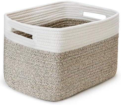 Shelf Woven Storage Basket, 18 x 22 x 9” Closet Rope Baskets For Organizing, Square Bins with Handles, White+Rice Brown 1 Pack