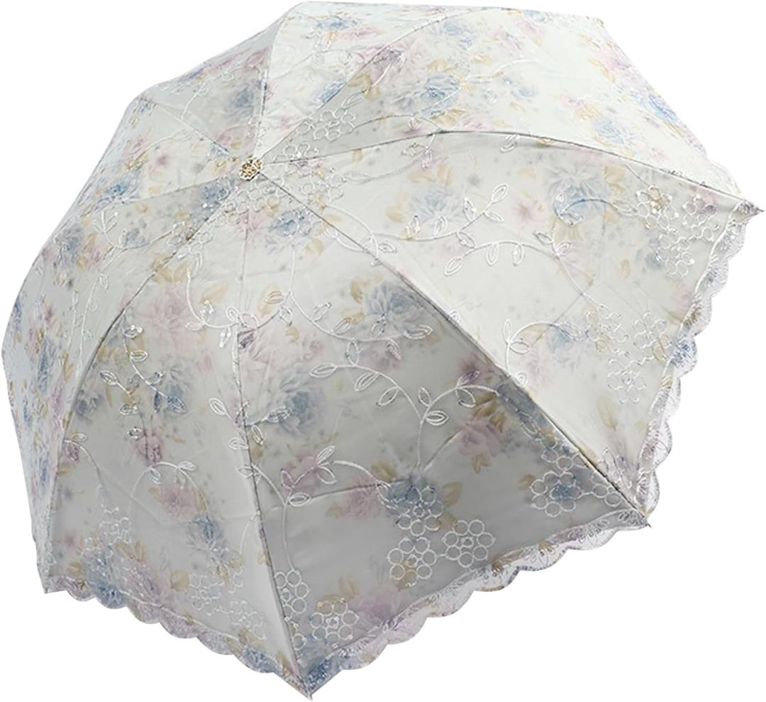 lace parasol umbrella Folding Anti-UV Sunshade Vintage Embroidered Sun Protection (Blue)