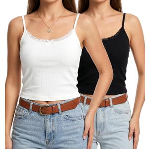2 Pcs Half Camisoles for Women, Lace Bralette Pack Spaghetti Strap Lace Tanktop for Women, Breathable Basic Cami with Bowknot Design, XS Ideal for Girls Under 120k (Black & White, XS)