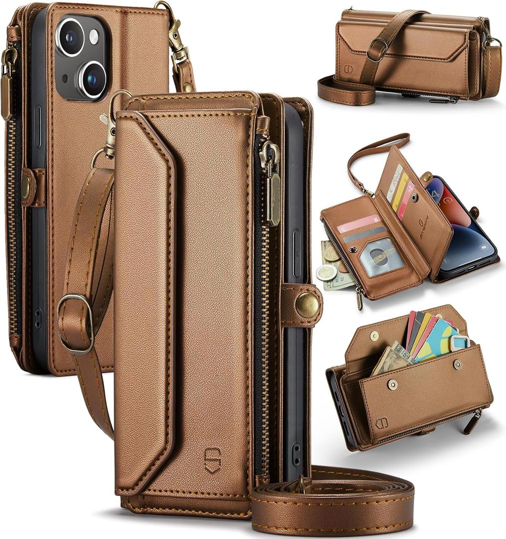 Wallet Case Compatible with iPhone 14 RFID Blocking 7-Card Holder Soft PU Leather Magnetic Snap Shoulder Strap Zipper Pocket Phone Case Fit for iPhone 14 for Women 6.1" - Brown