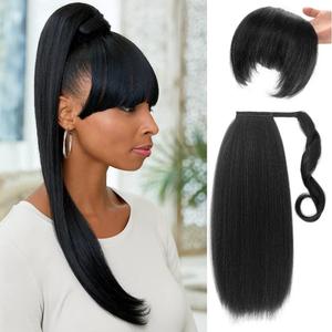 Yaki Straight Ponytail Extensions with Bangs for Black Women Black Synthetic Kinky Straight Wrap Around Magic Paste Ponytail with Bangs Natural Looking Hair Hairpiece for Daily Party Use(1B)