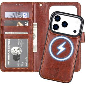 Bocasal for iPhone 17 Pro Wallet Case Compatible with MagSafe Wireless Charging, RFID Blocking Magnetic Leather Case with Card Slots Holder Kickstand Detachable Wrist Strap 6.3 Inch (Brown)