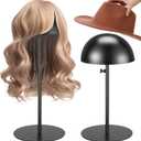 Sintuff 2 Pcs Hat Display Stand 7.9-15.7 Inch Adjustable Hat Holder Sturdy Wigs Head Stand Anti-rust Non-slip Stable Stainless Steel Metal Hat Rack for Multiple Hats Storage Wig, Black, Round Base 