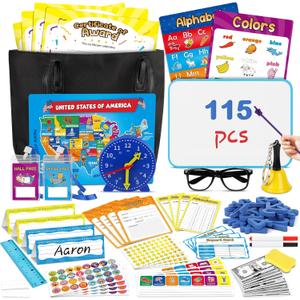 Pretend Play Teacher Set for Kids, Classroom Role Playset with Whiteboard, Magnetic Numbers, Alphabet Posters, USA Maps, Money Games, Teacher Supplies Educational Toys Gift for Boys Girls