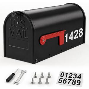 Mailbox for Outside, Black Metal Mail Box, Post Mount Outdoor Mailboxes | Mailbox for House Outside With Tools, Screws, Number Stickers, Red Flag, Medium Capacity, Galvanized Steel, Waterproof, 20 x 8.7 x 6.7