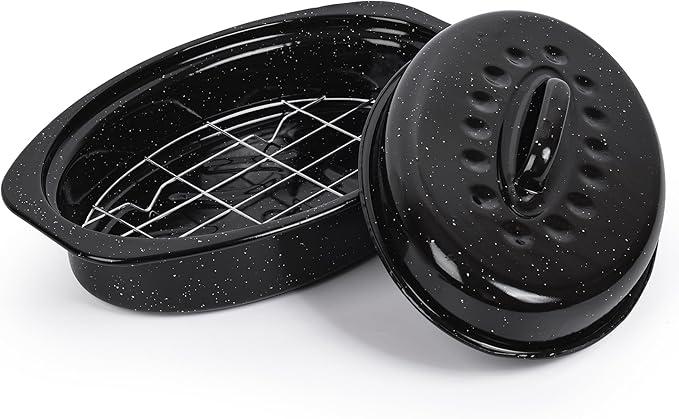 13” Roaster Pan with Lid and Rack, Small Enamel Roaster Pan with Oval Roasting Rack, Granite Baking Pot for Chicken Turkey Lamb, Heat Resistant, Oven/Dishwasher/All Stovestops Compatible