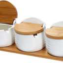 Ceramic Sugar Bowl with Bamboo Lids and Spoons Serving Tray, Porcelain Sugar Container for Sugar Tea Coffee Spice,Salt Condiment with Chalkboard Labels for Home Kitchen ,9.1 fl oz 270 ML,3PCS