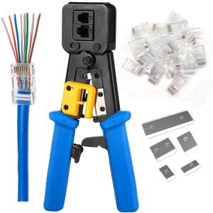 RJ45 Crimping Tool Ethernet Crimper for Cat6 Cat5 Cat5e RJ45 Pass Through Connectors and RJ12 Ends Comes with 20PCS RJ45 Cat6 Connectors and Replacement Blades